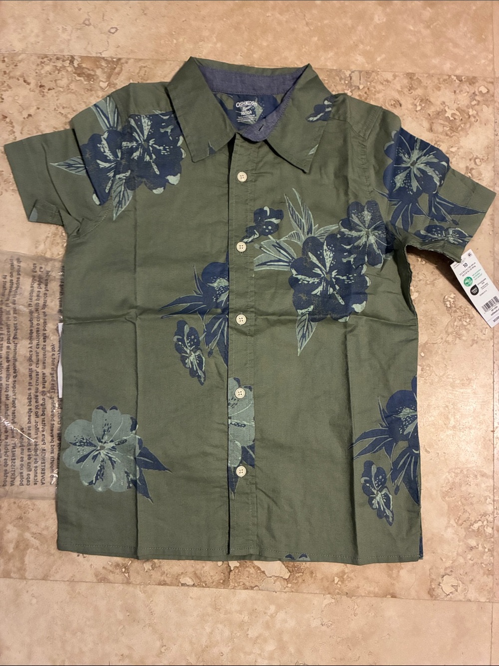 OshKosh B'gosh Olive Green Short-Sleeve Shirt with Blue Floral Print